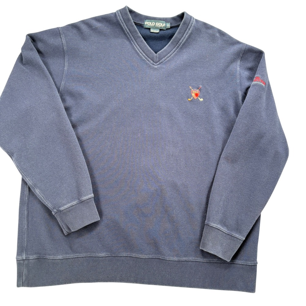 Polo Golf Ralph Lauren Mens XL V-Neck Sweatshirt Navy Blue Embroidered Crest